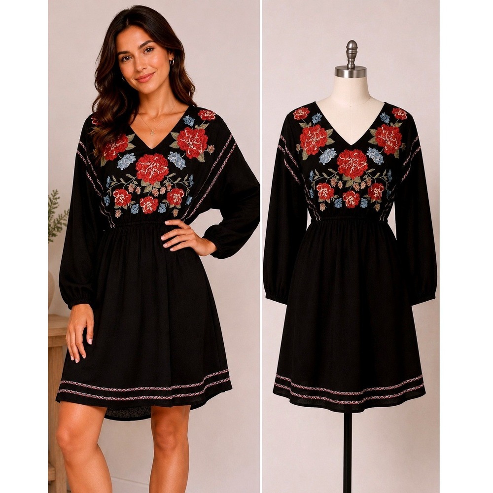 Savanna Jane Mini Dress Womens Small Black Boho Floral Embroidered Long Sleeve‎